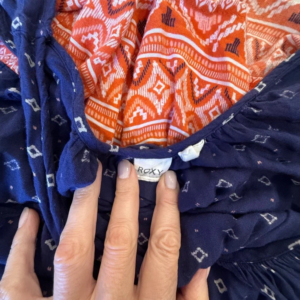 ROXY Boho Gypsy‎ Sleeveless Swing Mini Sundress; Blue/Orange; Size Small